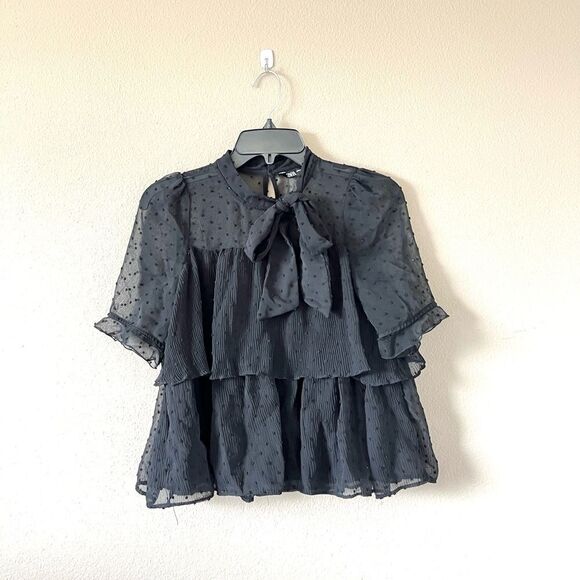 Zara Swiss Dot Ruffle Tiered Neck Tie Blouse - Picture 1 of 5